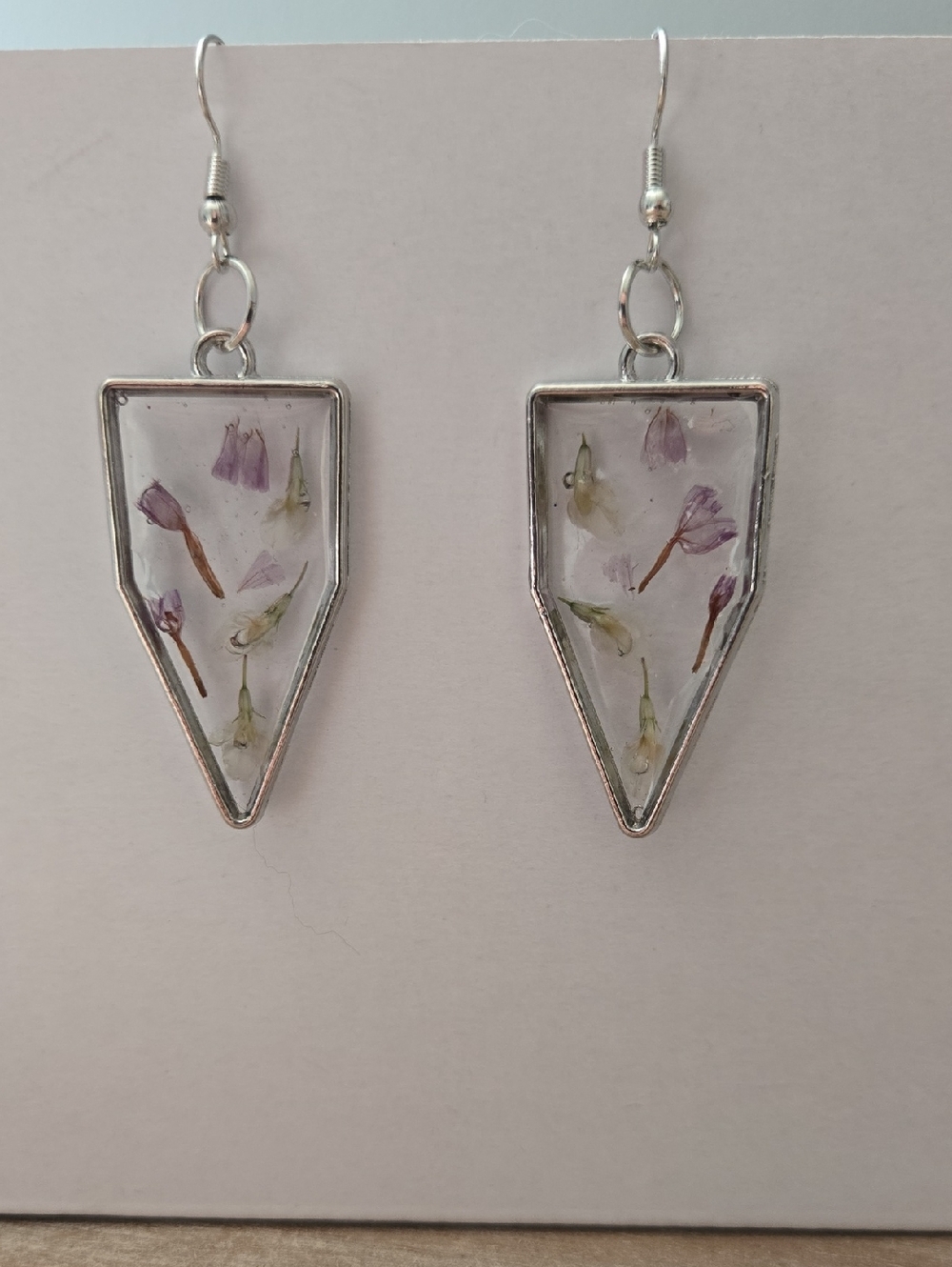 Hand Crafted Silver Geometric Resin Earrings with Purple Flowers